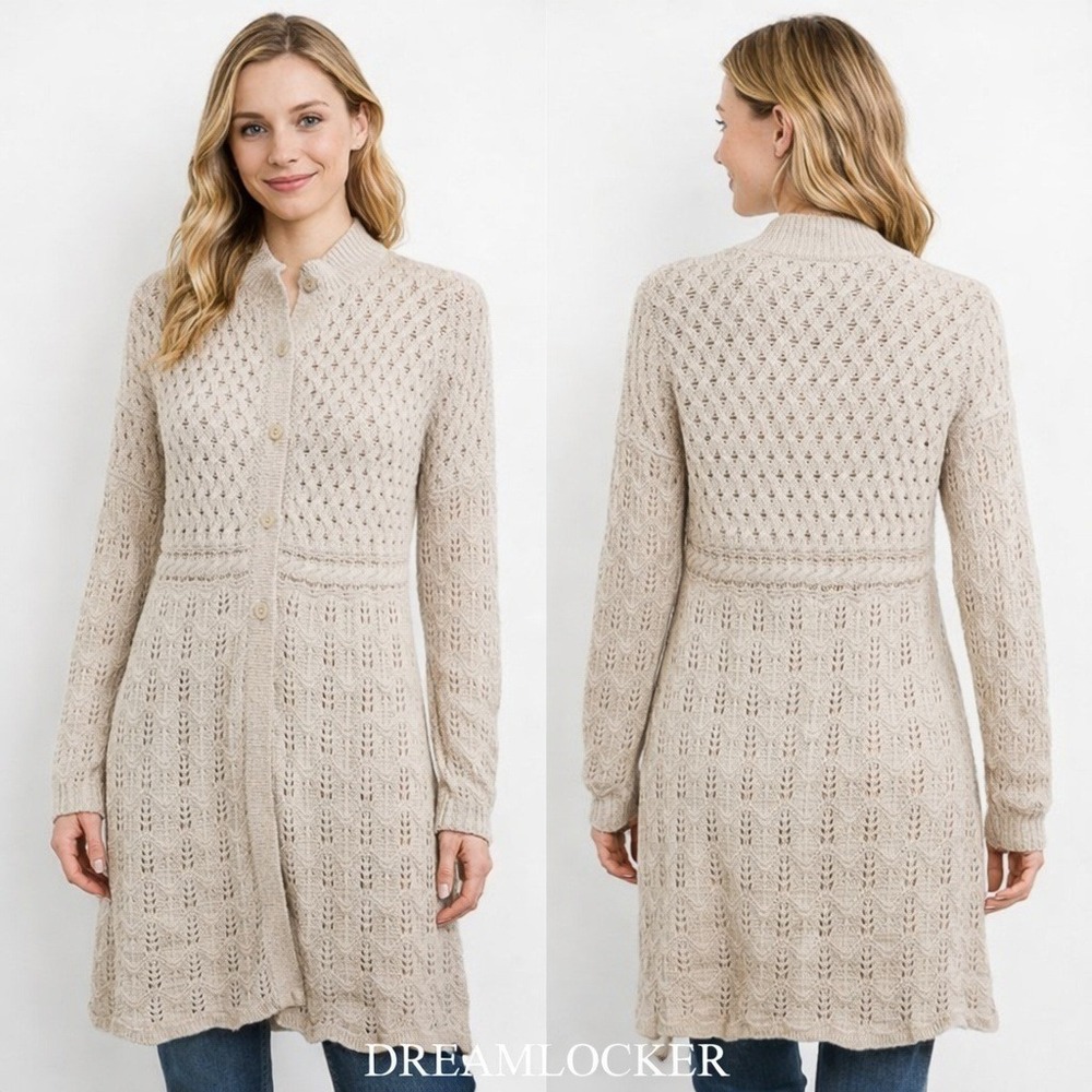 Sundance Long Cardigan Sweater Large Beige Button Boho Cotton Angora Knit Duster